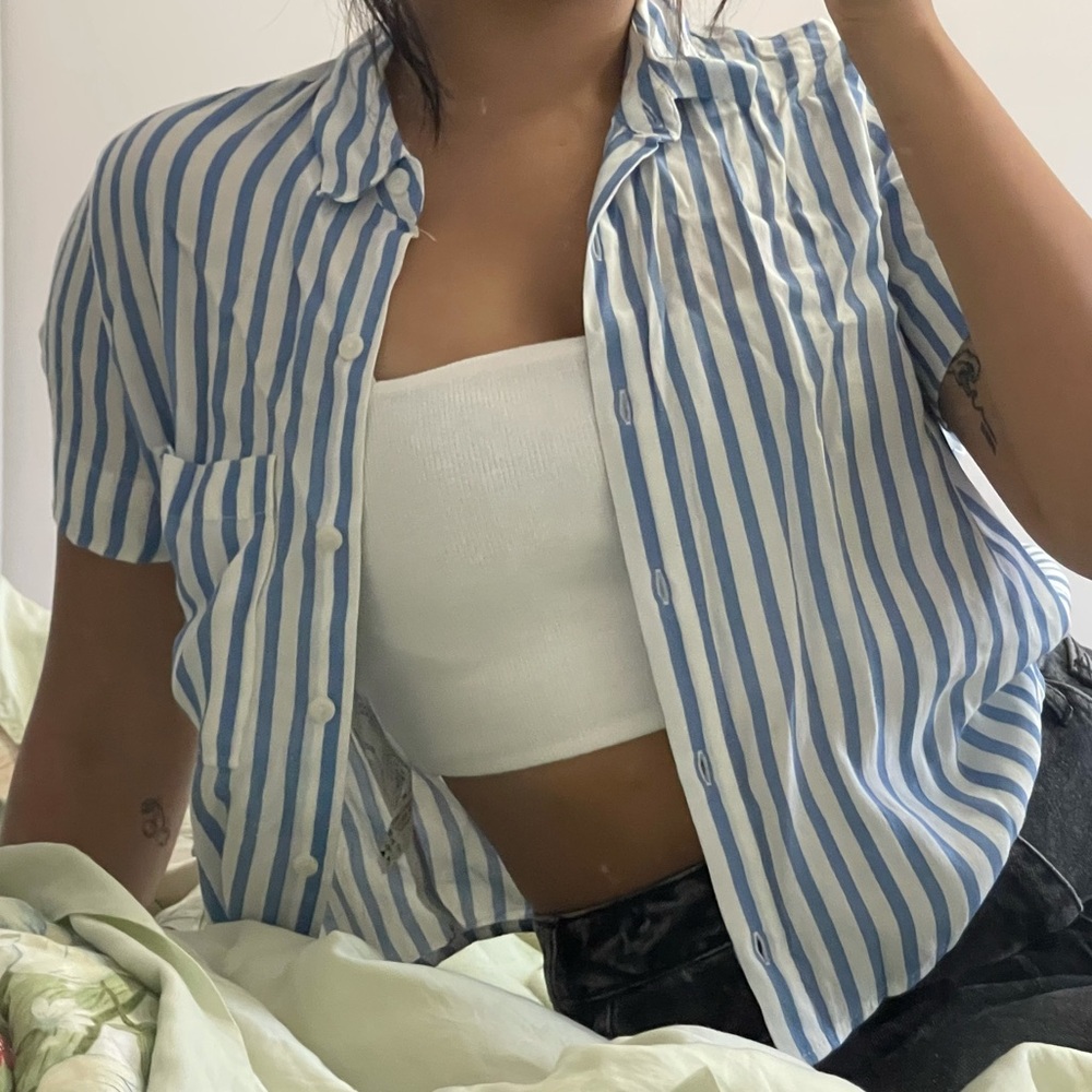 Bershka blue and white striped button crop shirt